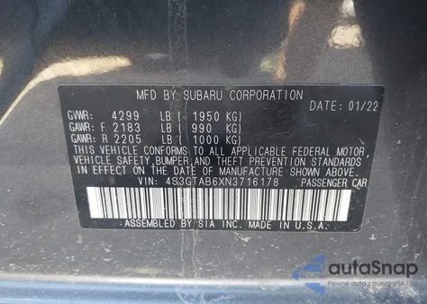 2022 Subaru Impreza Base 5-Door из США, поврежденный, VIN 4S3GTAB6XN3716178